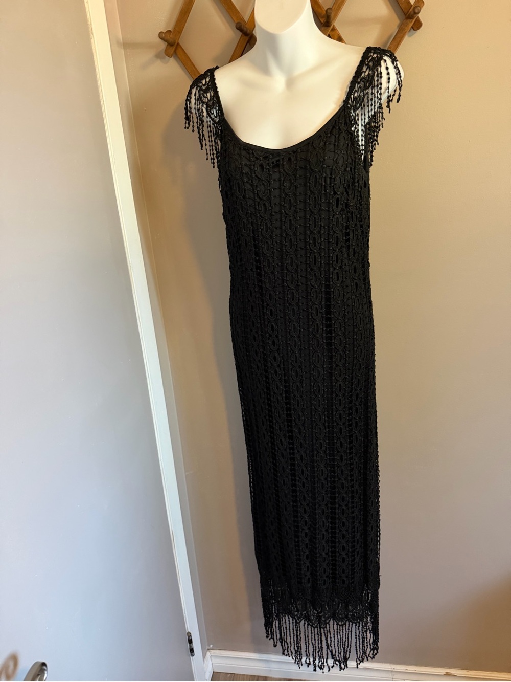 Vintage Black Crocheted Maxi Dress with Fringe